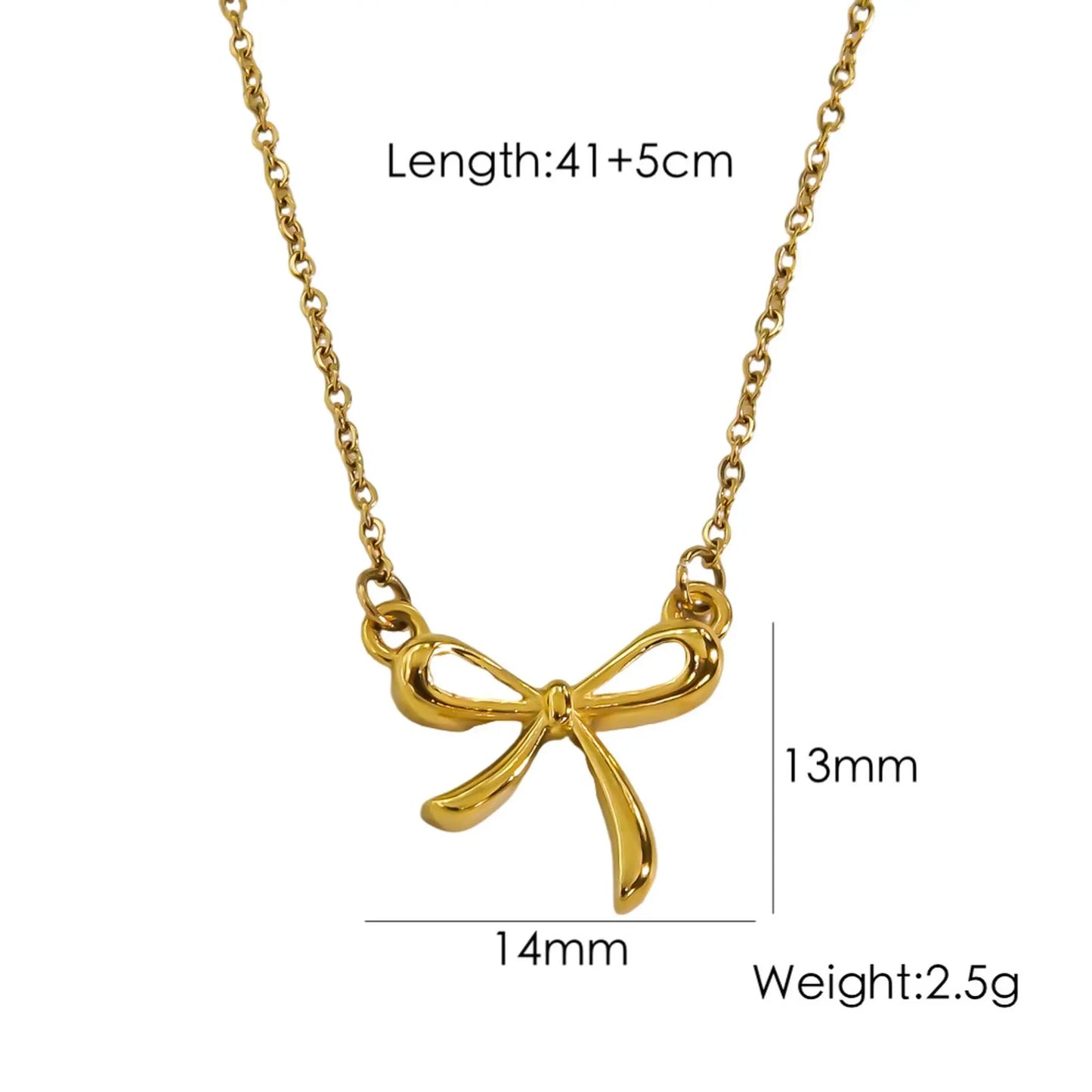 Gold bow-shaped necklace with measurements on a white background