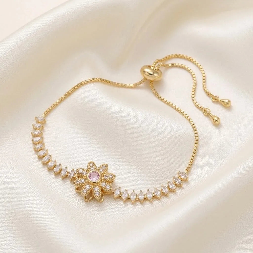 Elegant Pink Crystal White Zircon Rotating Flower Bracelets for Women Trendy Gold Color Chain Sunflower Bracelet Wedding Jewelry