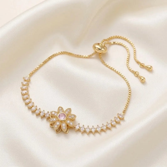 Elegant Pink Crystal White Zircon Rotating Flower Bracelets for Women Trendy Gold Color Chain Sunflower Bracelet Wedding Jewelry
