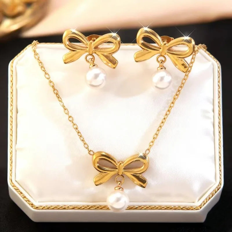 Hot Selling Stainless Steel Bow Necklace Light Luxury High-end Pearl Earrings Titanium Steel Color Non-fading Jewelry