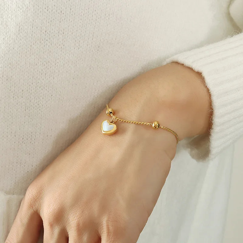 White Shell Heart Titanium Steel Necklace/Bracelet/Earrings Set 18K Gold Plated Waterproof Non Allergic Jewelry for Women Girls