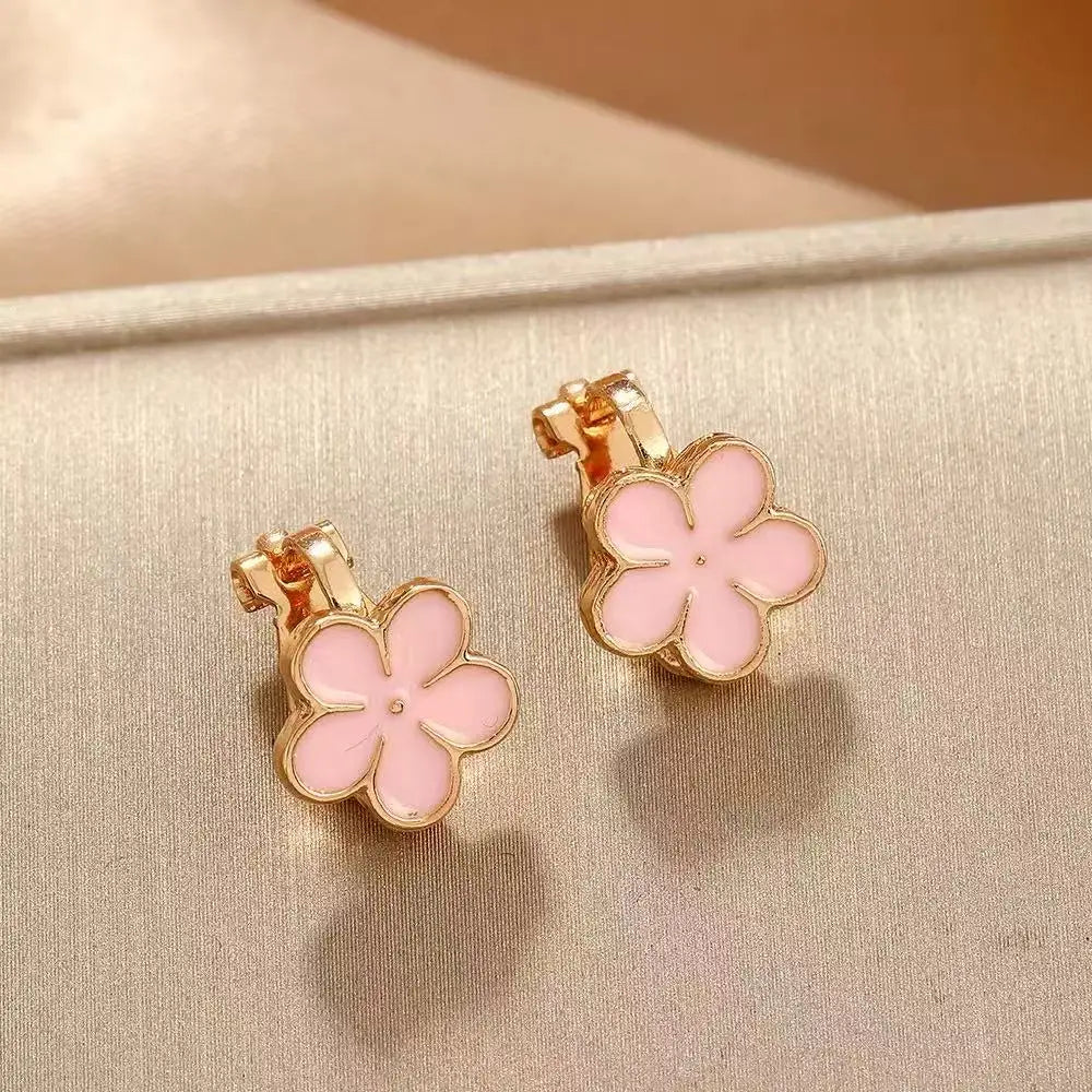 Korean Cute Golden Enamel Flower Clip On Earrings Without Piercing Party No Hole Earcuffs For Women Small Floral Jewelry