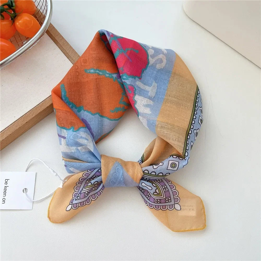 Fashion Floral Print Square Scarf Soft Handkerchief Women Hair Scarf Cotton Linen Head Scarfs Ladies Neck Scarves Summer Autumn