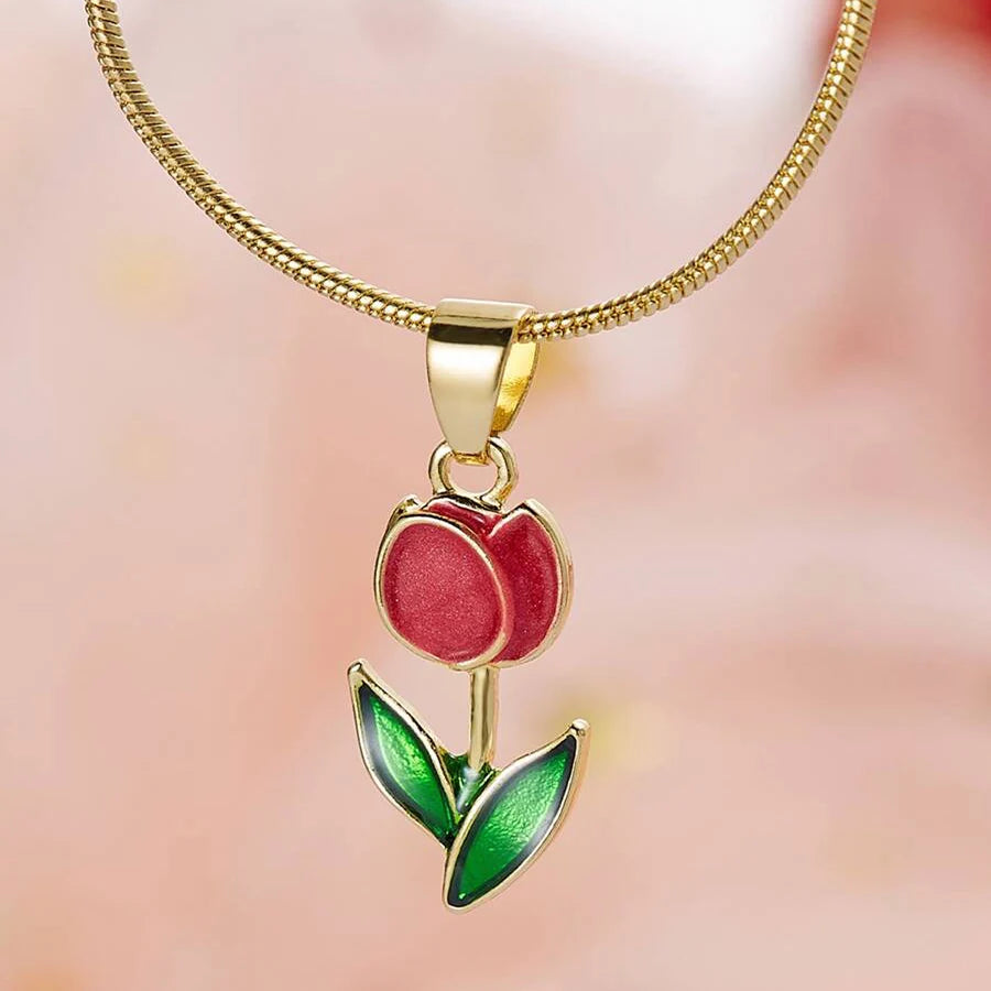 Obega Purple Flower Green Leaf Pendant Necklace For Women Tulip Flower Girls Cute Necklace Gorgious Daily Wear Fashion Jewelry