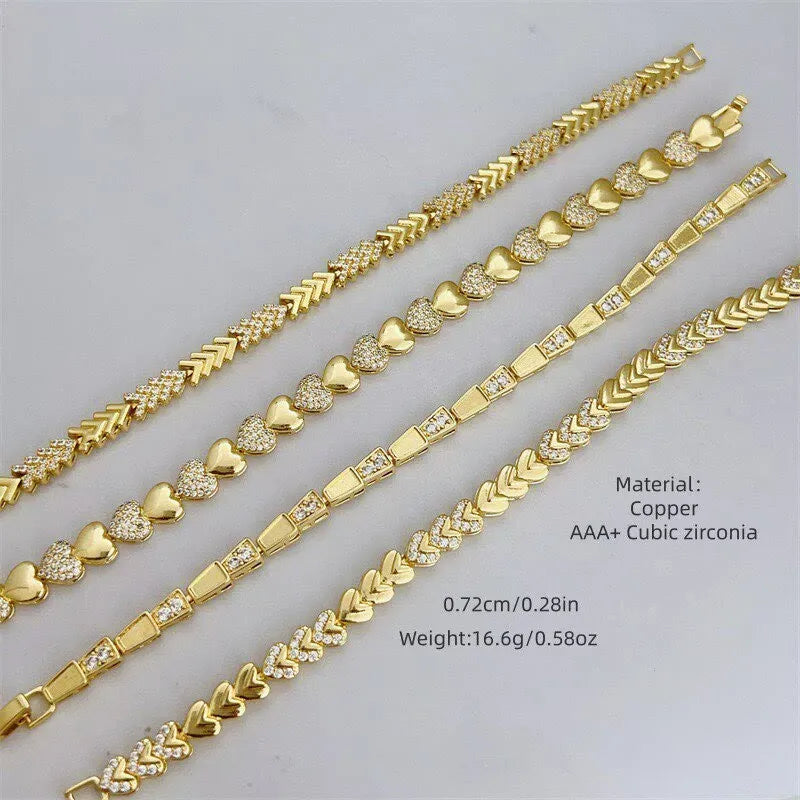 5Pcs ﻿ Fashionable Multi Style Copper Plated 18K Gold Zircon Handmade Chain Bracelet Luxury for Daily Wear, Mother's Day Gift