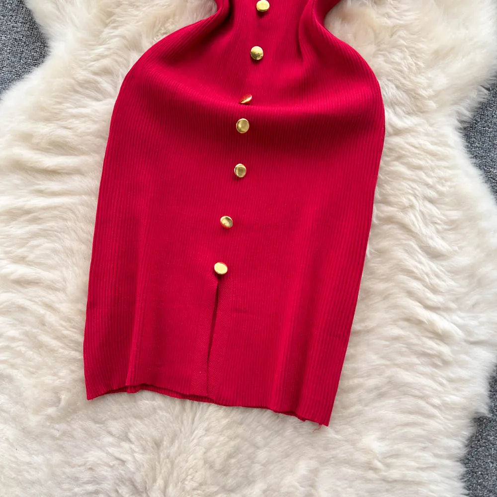 Bottons 2026 Sexy Summer Short Knit Strap Dress Women Tank Elatic Waist Bodycon Sundress Female Beach Split Backless Mini Dress