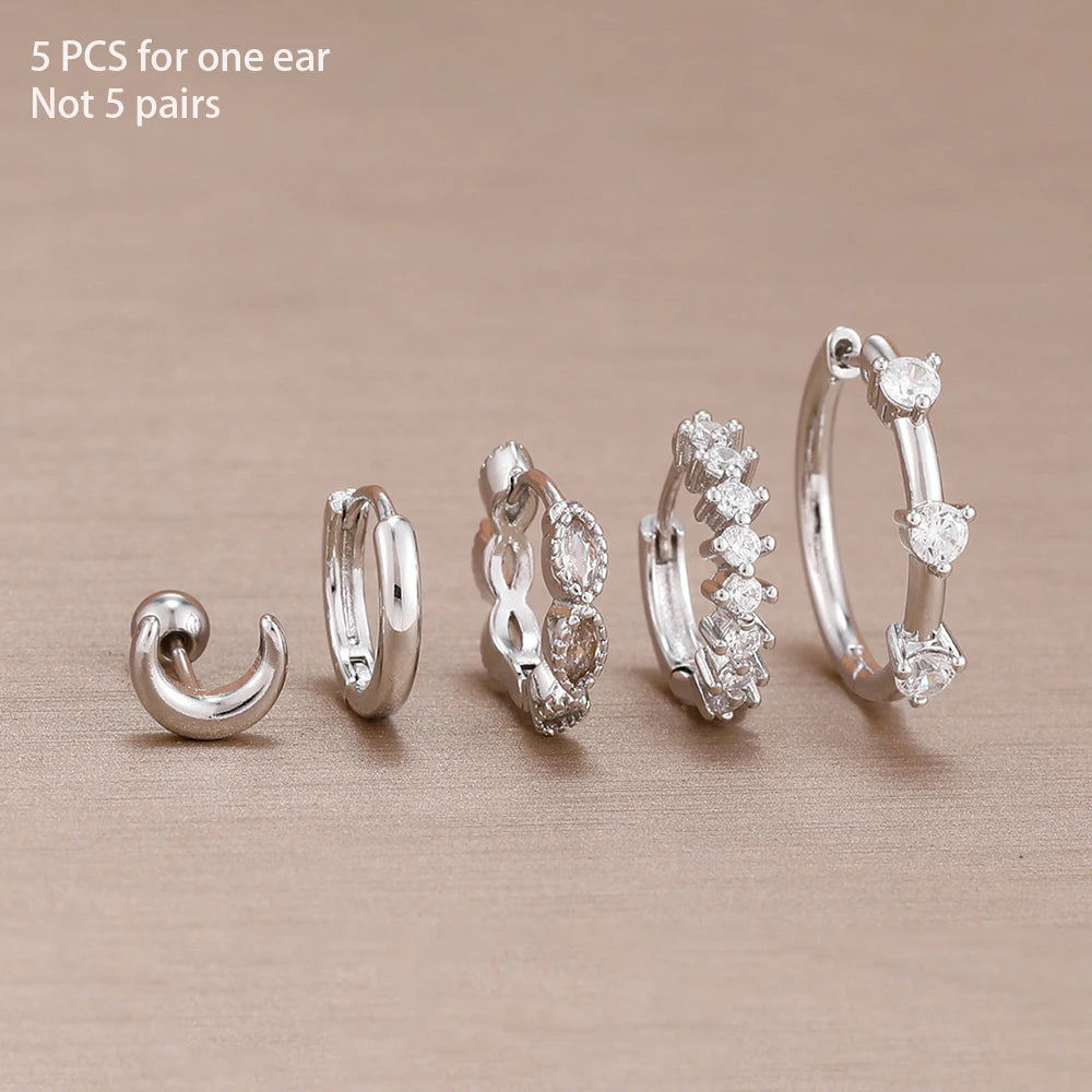 5PCS 20MM Luxury Crystal Hoop Earrings Set For Women Stainless Steel Moon Ear Stud Earring Jewelry Wedding Party Girls Gift