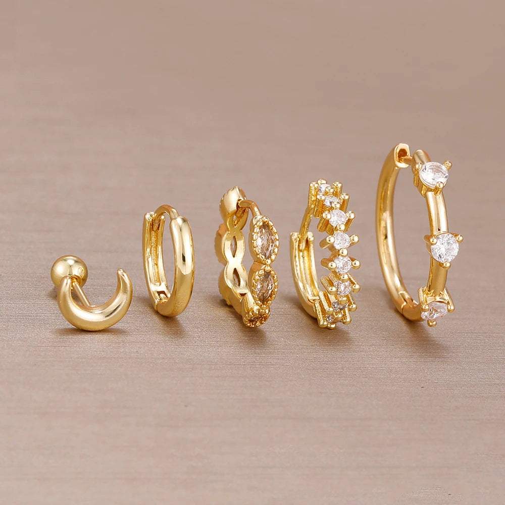 5PCS 20MM Luxury Crystal Hoop Earrings Set For Women Stainless Steel Moon Ear Stud Earring Jewelry Wedding Party Girls Gift