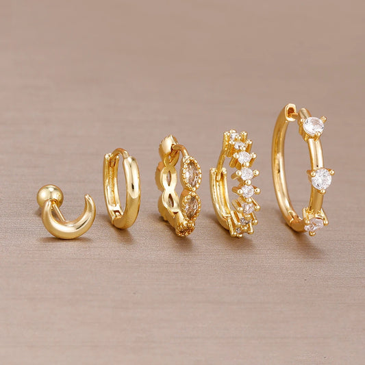5PCS 20MM Luxury Crystal Hoop Earrings Set For Women Stainless Steel Moon Ear Stud Earring Jewelry Wedding Party Girls Gift