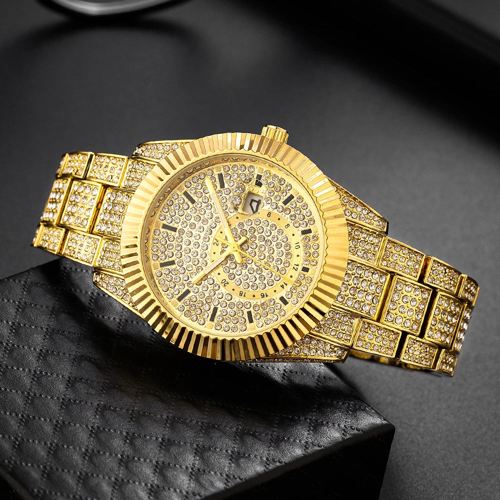 Missfox Men's Watches With Triangular Groove Bezel Gold Luxury Calendar Quartz Watch For Male Waterproof Relogio Mascullino Luxo