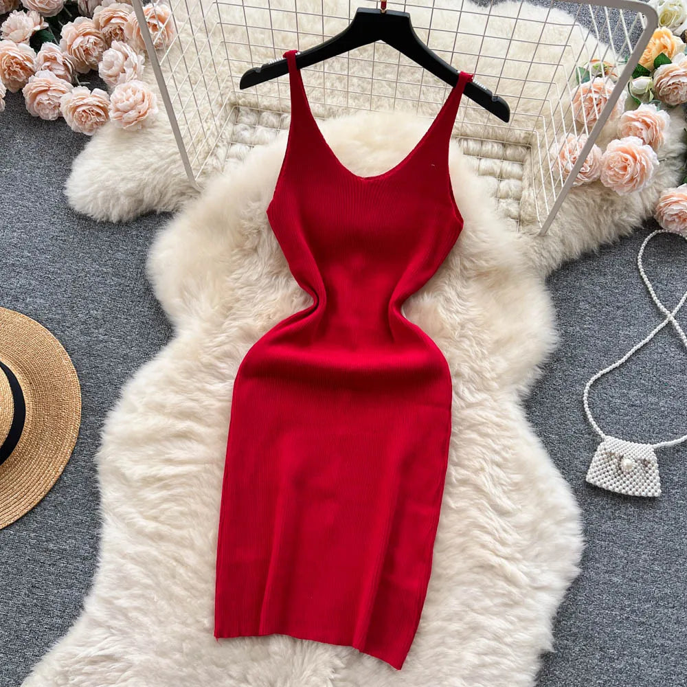 Bottons 2026 Sexy Summer Short Knit Strap Dress Women Tank Elatic Waist Bodycon Sundress Female Beach Split Backless Mini Dress
