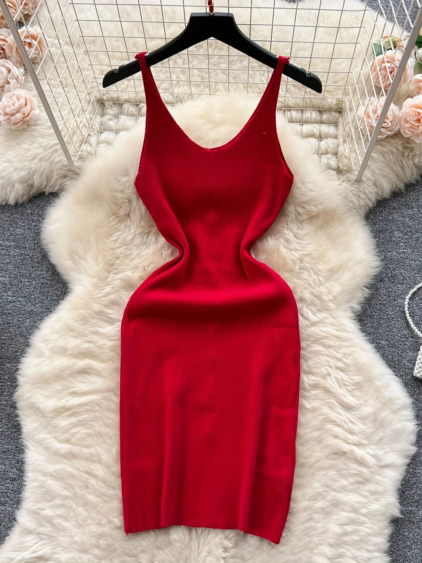 2024 Solid Button Front Spaghetti Dress Sexy Split Knit Cami Dress Bodycon Women's Clothing Outfits Split