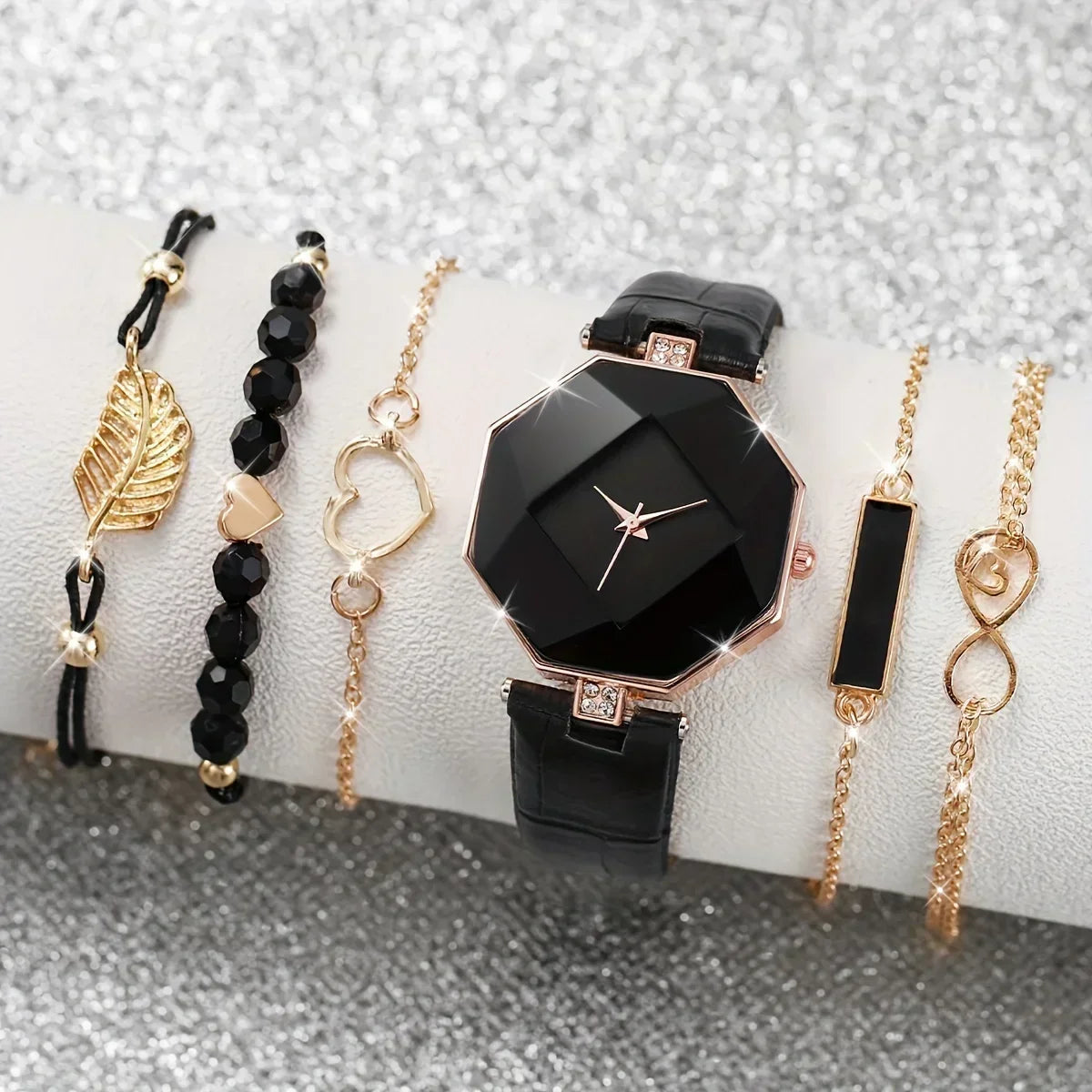 6pcs/set Women's Watch Casual Polygon Pointer Quartz Watch Analog PU Leather Wrist Watch & Bracelets, Gift For Mom Her