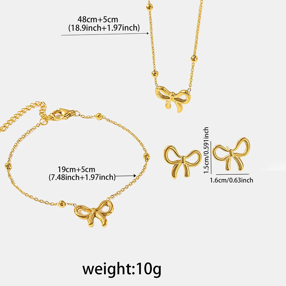 Stainless Steel 3 Pc Set Bow Pendant Earrings Earrings Set Hollow Bow Bracelet Set Valentine's Day Gift Women's Fashion Jewelry