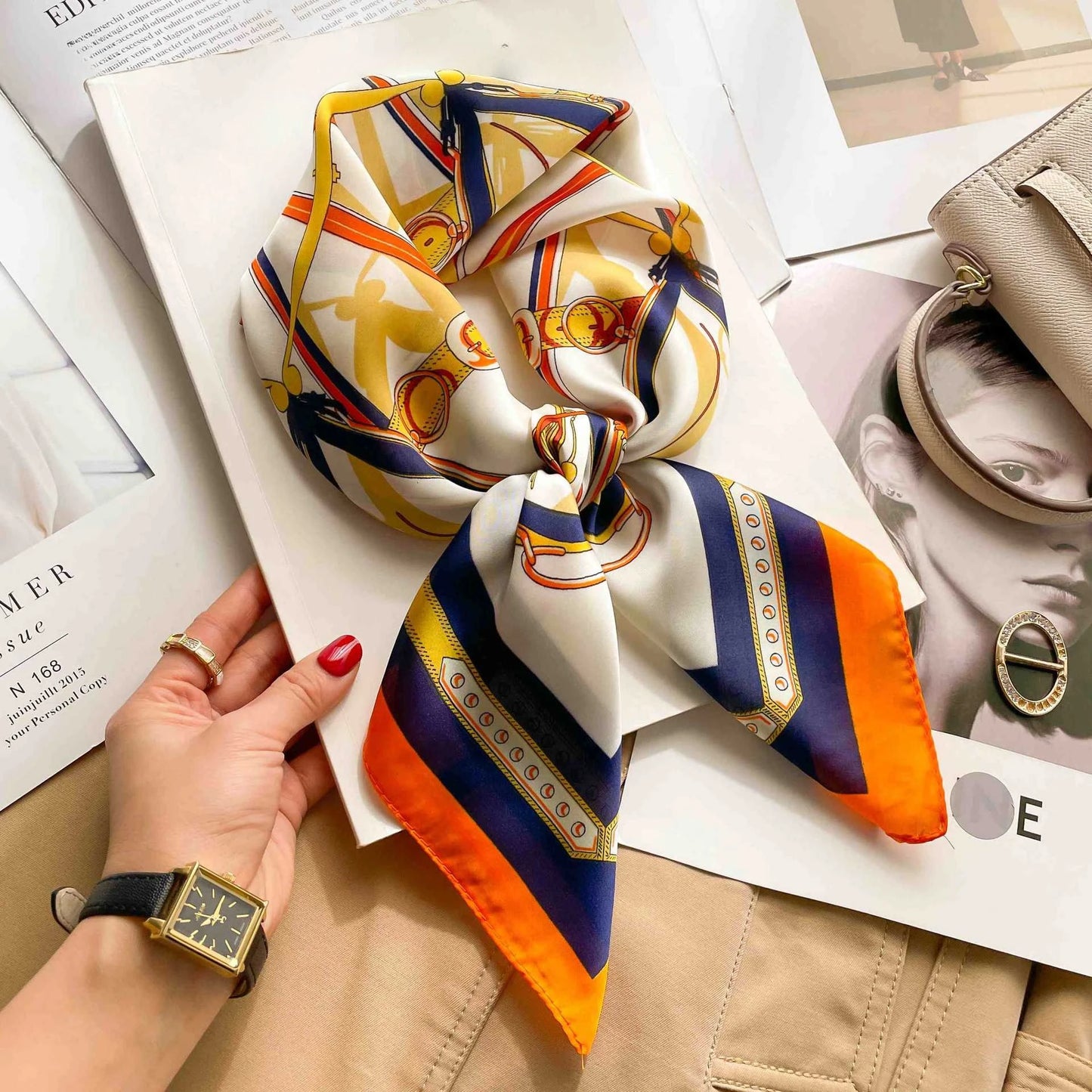 Fashion 70cm Green Print Square Silk Scarf Women Satin Neck Scarves Wrap Headkerchief Beach Hair Band Women's Bandana