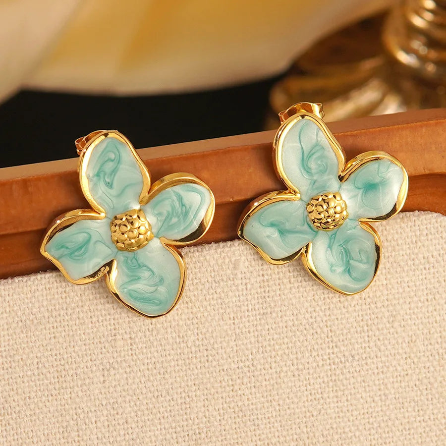 Stainless Steel Dripping Oil Flower Necklace Earring Set Light Luxury High-end Color Drip Glaze Frangipani Jewelry Set