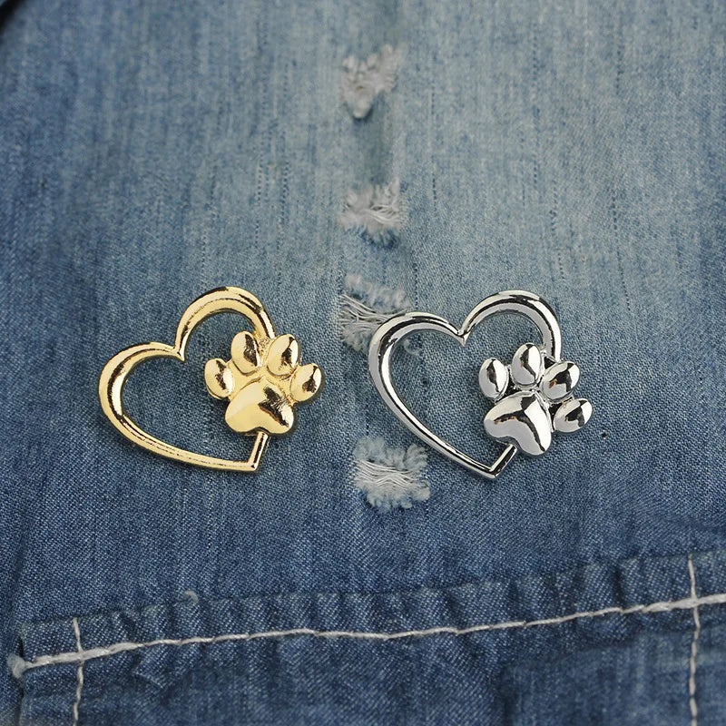 Heart with Paw Badge Brooch Alloy Love Heart with Dog Paw Designs Brooches Gifts for Jewelry Making Clothes Bags Supplies