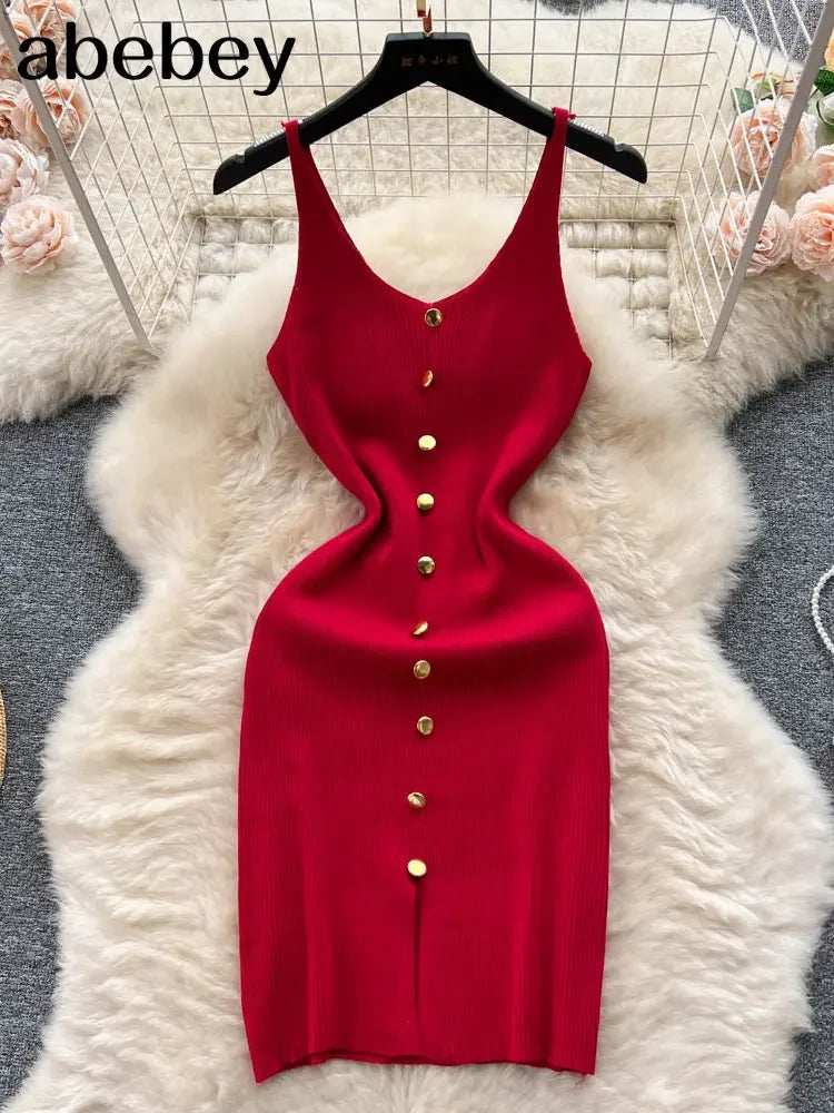 Bottons 2026 Sexy Summer Short Knit Strap Dress Women Tank Elatic Waist Bodycon Sundress Female Beach Split Backless Mini Dress