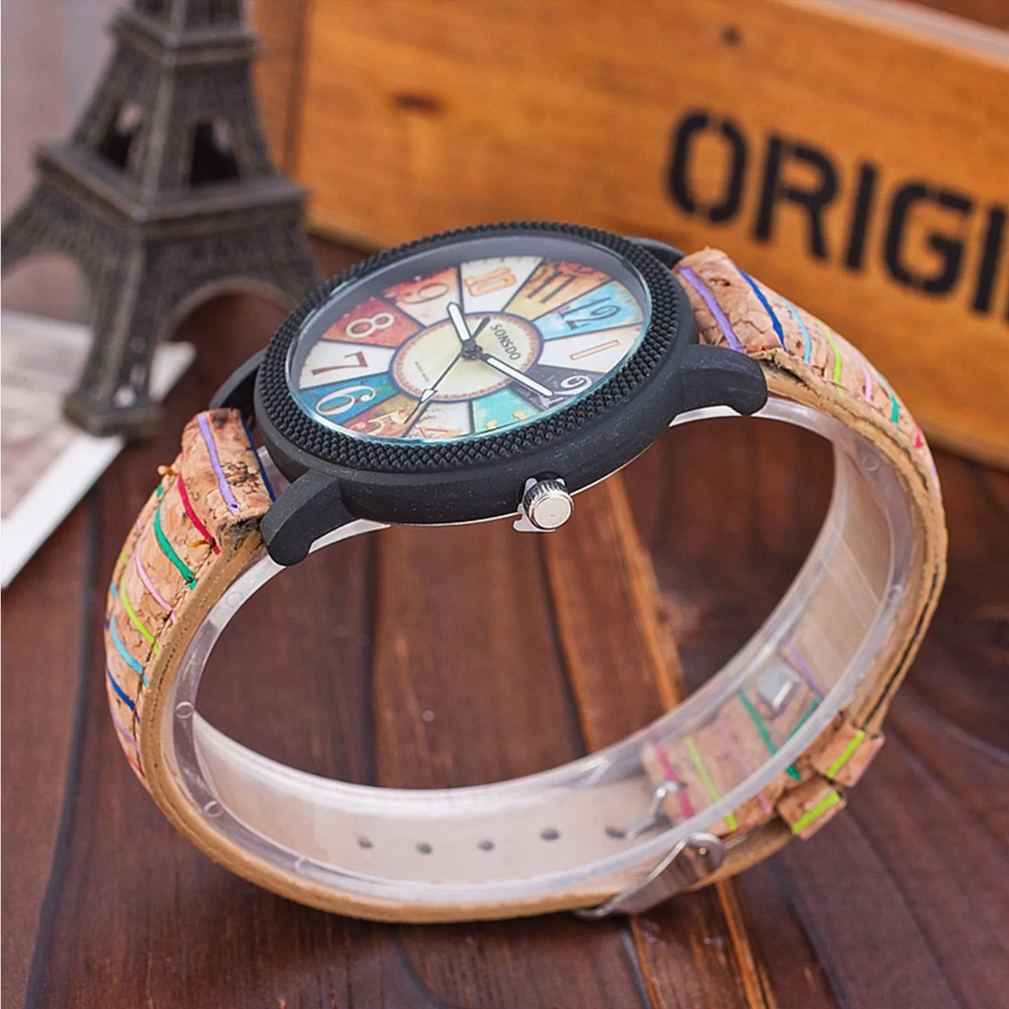 Women'S Quartz Watch Rainbow Color Digital Clock Wood Grain Turntable Top New Famous Retro Casual Leather Strap Student Gift