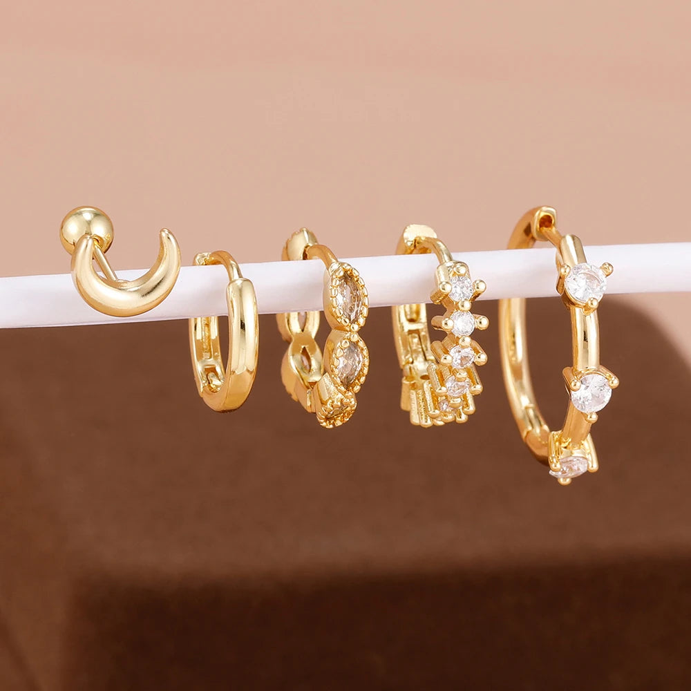 5PCS 20MM Luxury Crystal Hoop Earrings Set For Women Stainless Steel Moon Ear Stud Earring Jewelry Wedding Party Girls Gift