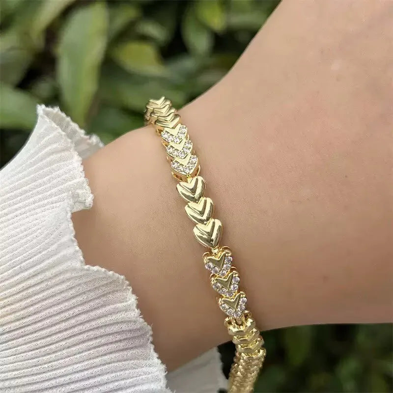 5Pcs ﻿ Fashionable Multi Style Copper Plated 18K Gold Zircon Handmade Chain Bracelet Luxury for Daily Wear, Mother's Day Gift