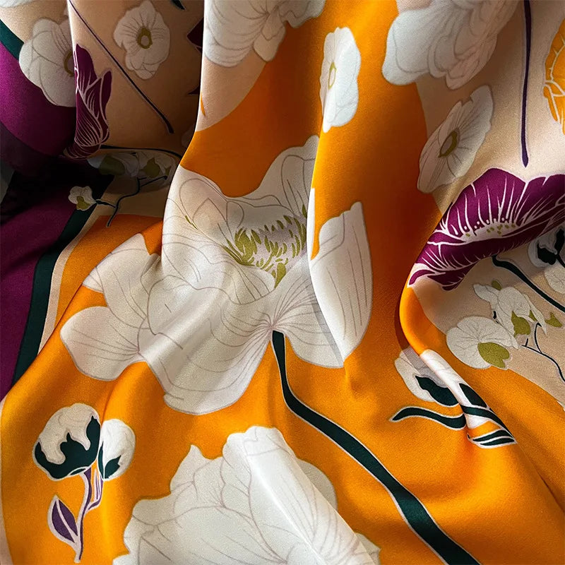 27.5" Elegant Floral Print Satin Square Scarf for Women Soft Lightweight Shawl Neck Accessory Headband Sun Protection Scarf