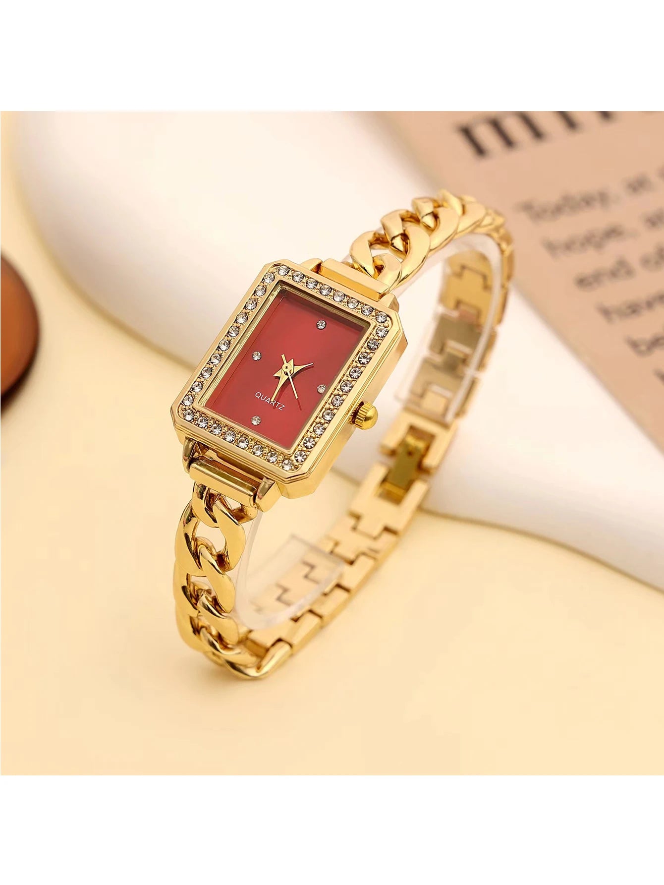 Luxury Square Red Dial Women's Watch - Gold Chain Bracelet, Crystal Bezel, Elegant Dress Watch for Party & Formal Wear"