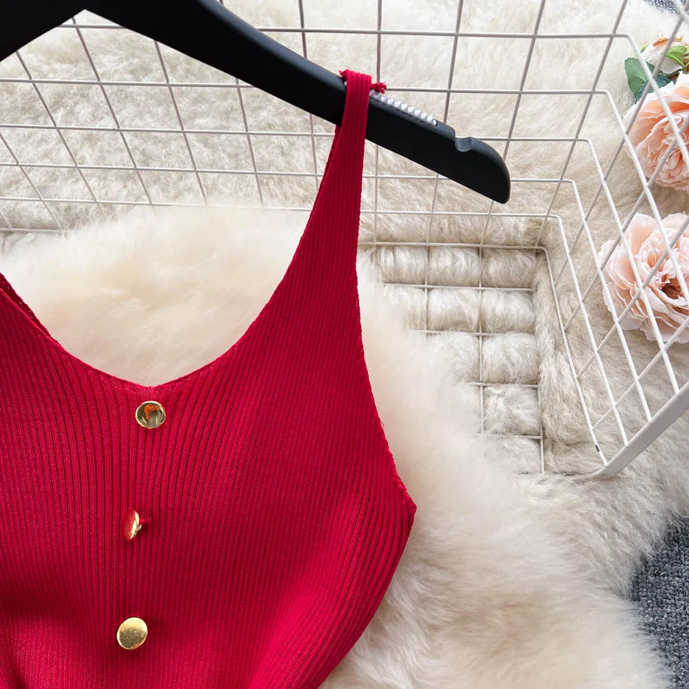 Bottons 2026 Sexy Summer Short Knit Strap Dress Women Tank Elatic Waist Bodycon Sundress Female Beach Split Backless Mini Dress