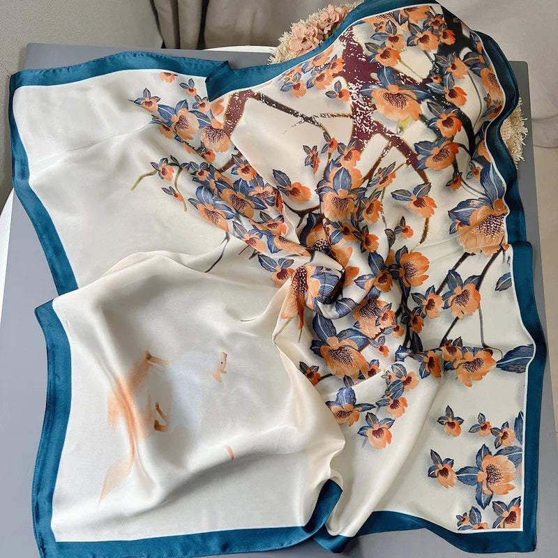 70*70cm Flower Silk Square Scarf Women Satin Shawl Wrap Hijab Female Hair Band Wrist Luxury Headkerchief Echarpe fashion Bandana
