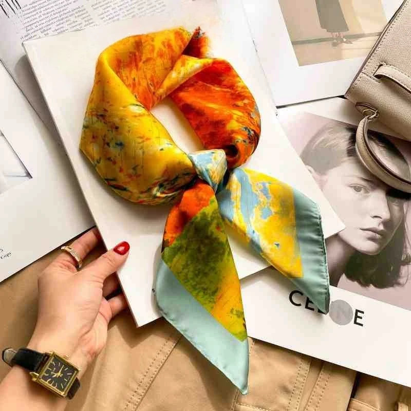 Silk Square Scarf Women Luxury Floral Print Soft Satin Kerchief Hairband Neckerchief Head Hijab Lady Headband Foulard Bag Ribbon