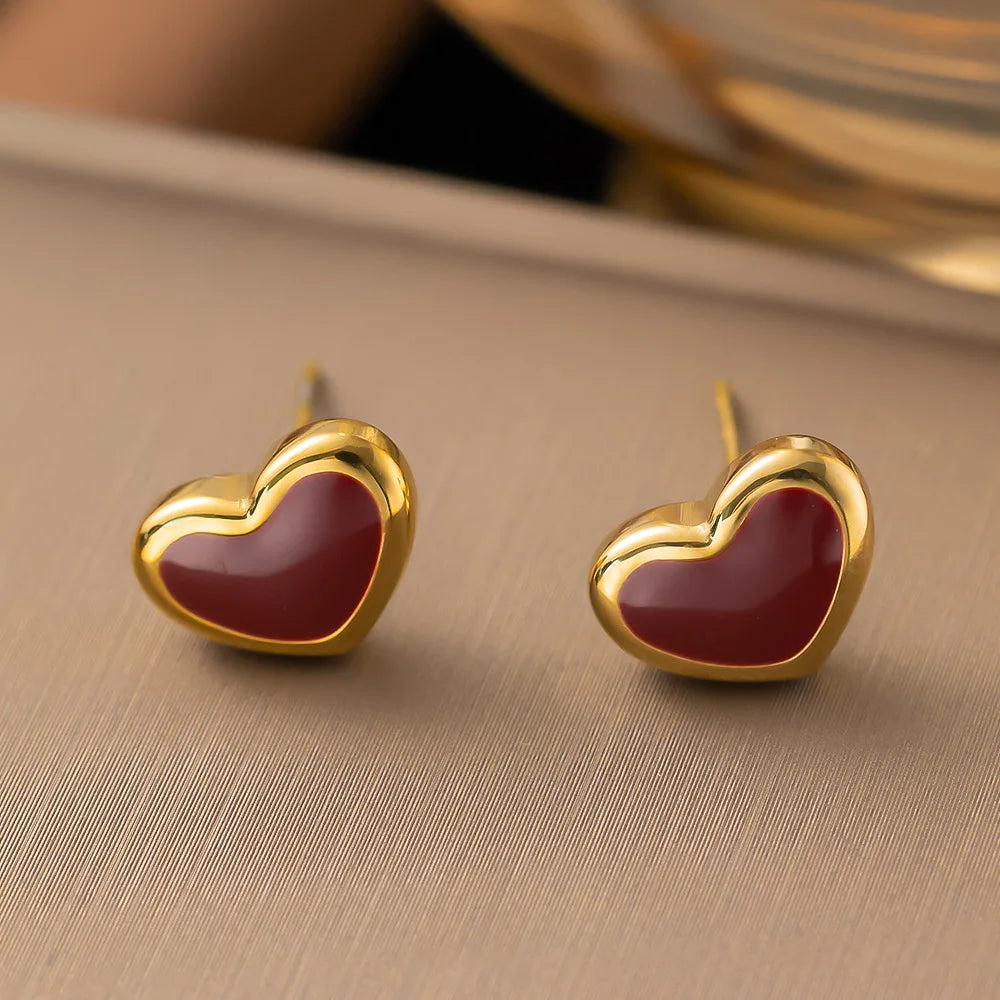 Stainless Steel Red Love Heart Pendant Necklace Earrings Jewelry Set For Women Girls Gold Color Chain Accessories Birthday Gifts