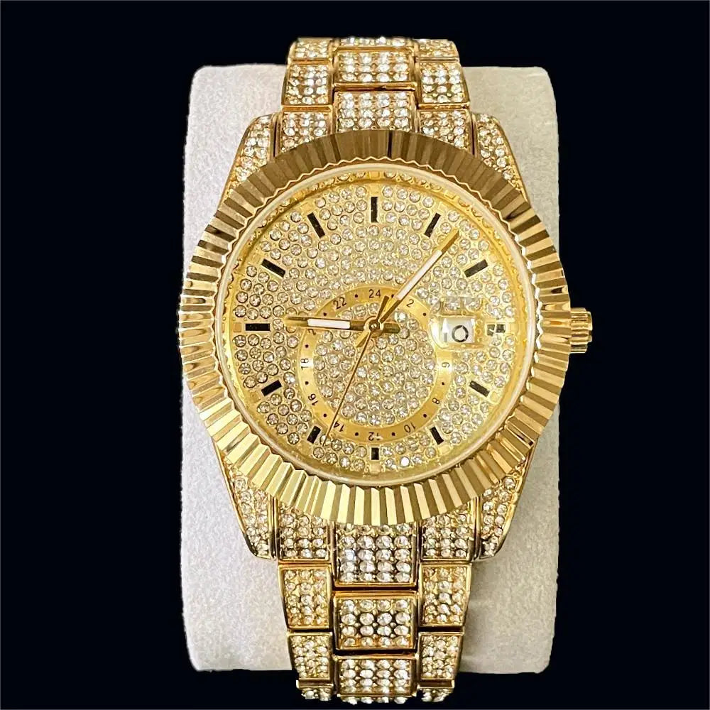 Gold watch with diamond-studded band on a black background