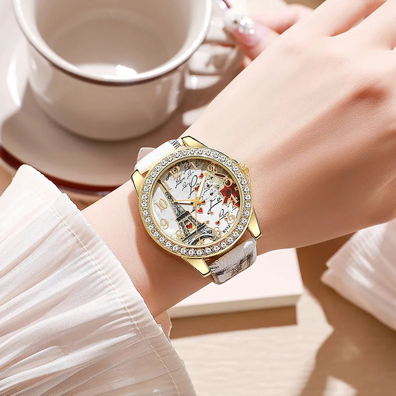 Fashion Large Dial Ladies Quartz Watch Romantic Eiffel Tower Design Women Leather Clock Gift Dress Watches