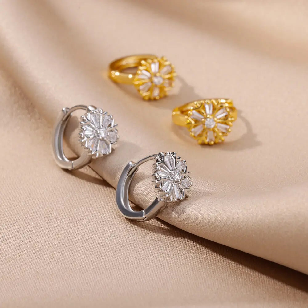 Zircon Snowflake Earrings For Women Gold Color Stainless Steel Flower Geometric Hoop Earring Aesthetic Luxury Wedding Jewerly