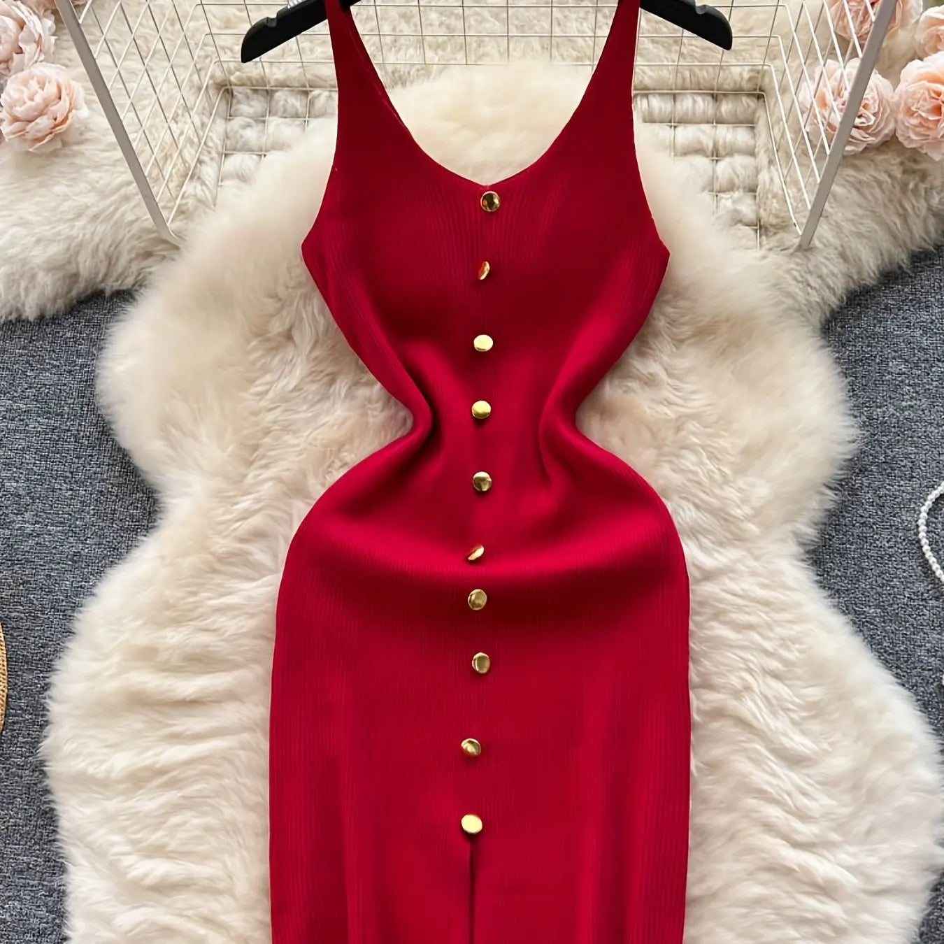 2024 Solid Button Front Spaghetti Dress Sexy Split Knit Cami Dress Bodycon Women's Clothing Outfits Split