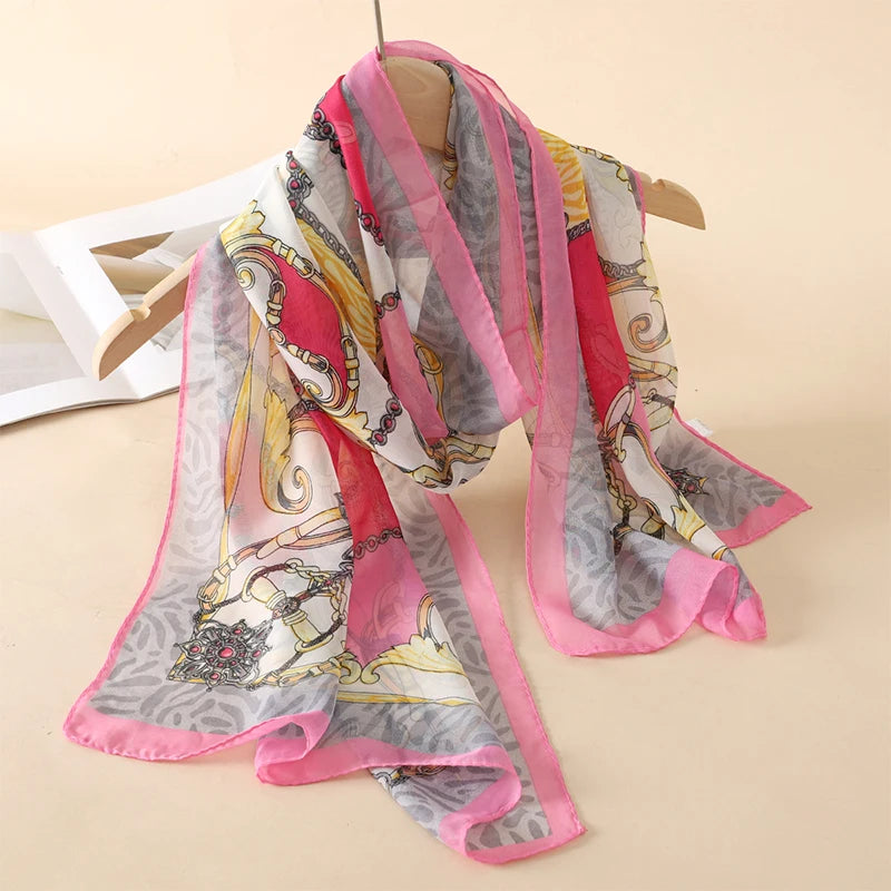 2026 New Print Chiffon Scarf Shawl Women Sunscreen Silk Scarf Turban Long Wrap Beach Travel Outdoor Accessories Trendy Headband