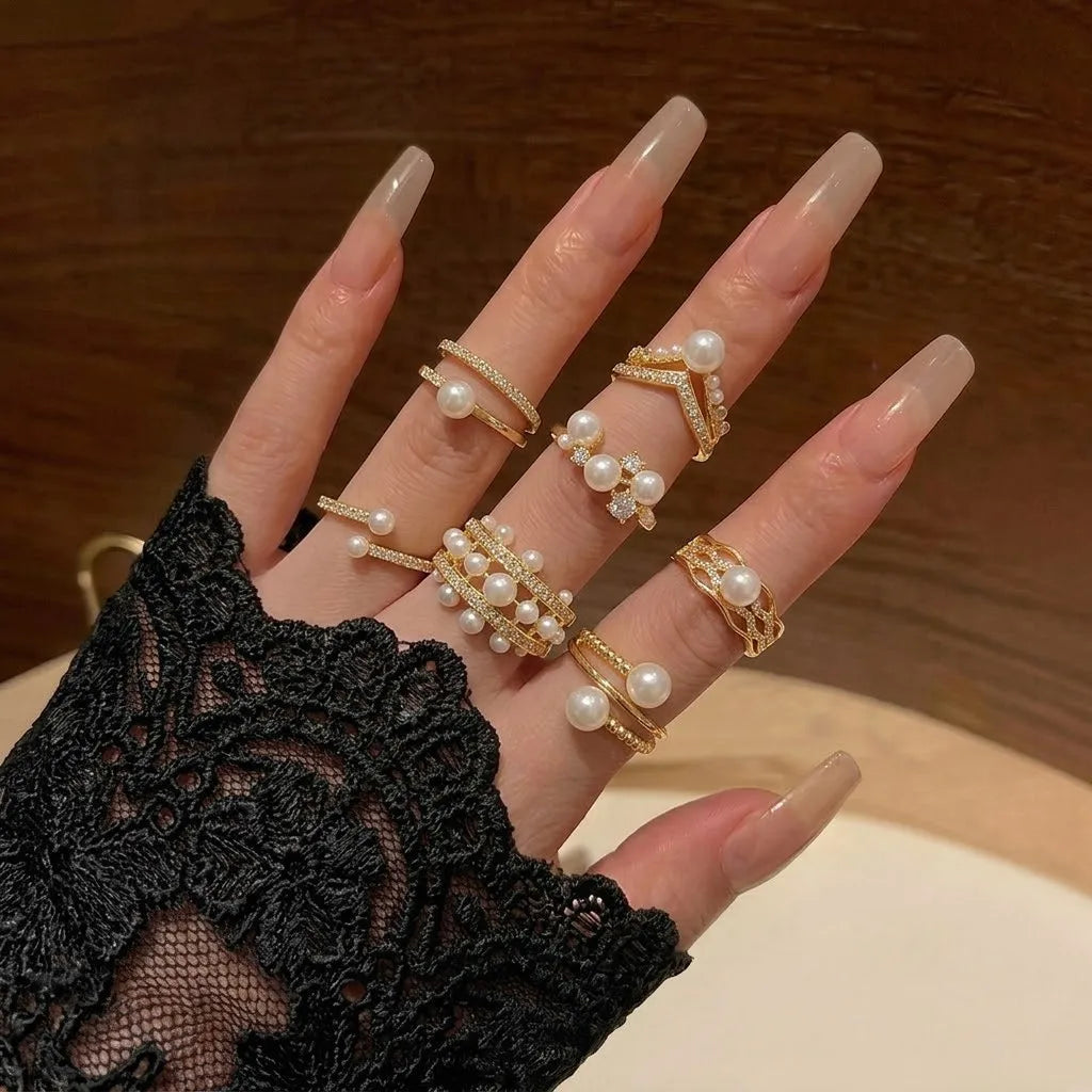 Elegant Imitation Pearl Zircon Ring for Women Girls Gold Color Sweet Adjustable Openable Copper Rings Jewelry Gifts