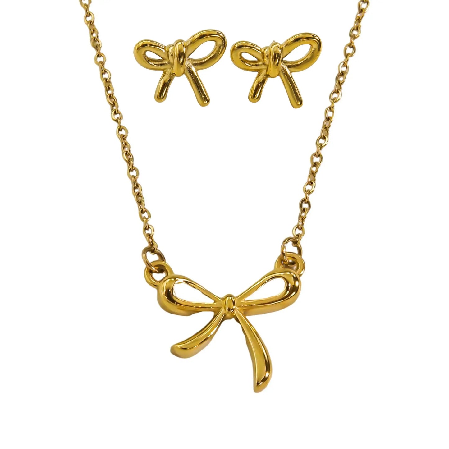 CARLIDANA Fashion Trend Bow Jewelry Waterproof Bow Earrings and Necklace 18k Gold Plated Stainless Steel Women Jewelry Set