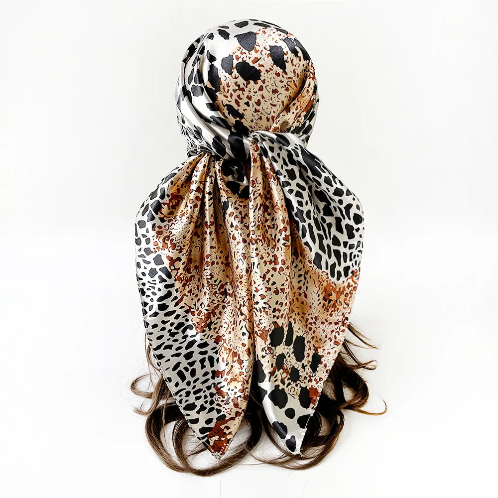 Leopard Print Square Scarf Stitching Color 90cm Satin Square Scarf Arab Trend Shawl Scarf Ladies Headscarf Hair Accessories