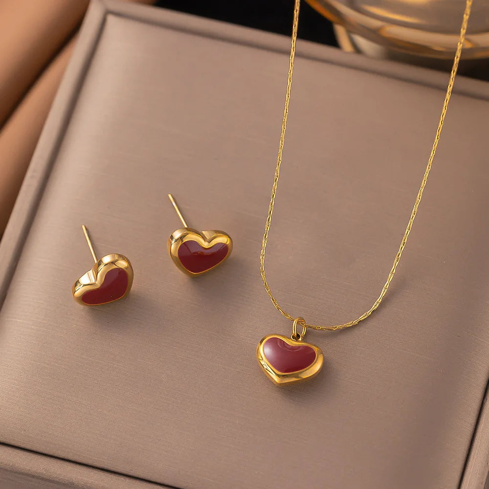 Stainless Steel Red Love Heart Pendant Necklace Earrings Jewelry Set For Women Girls Gold Color Chain Accessories Birthday Gifts