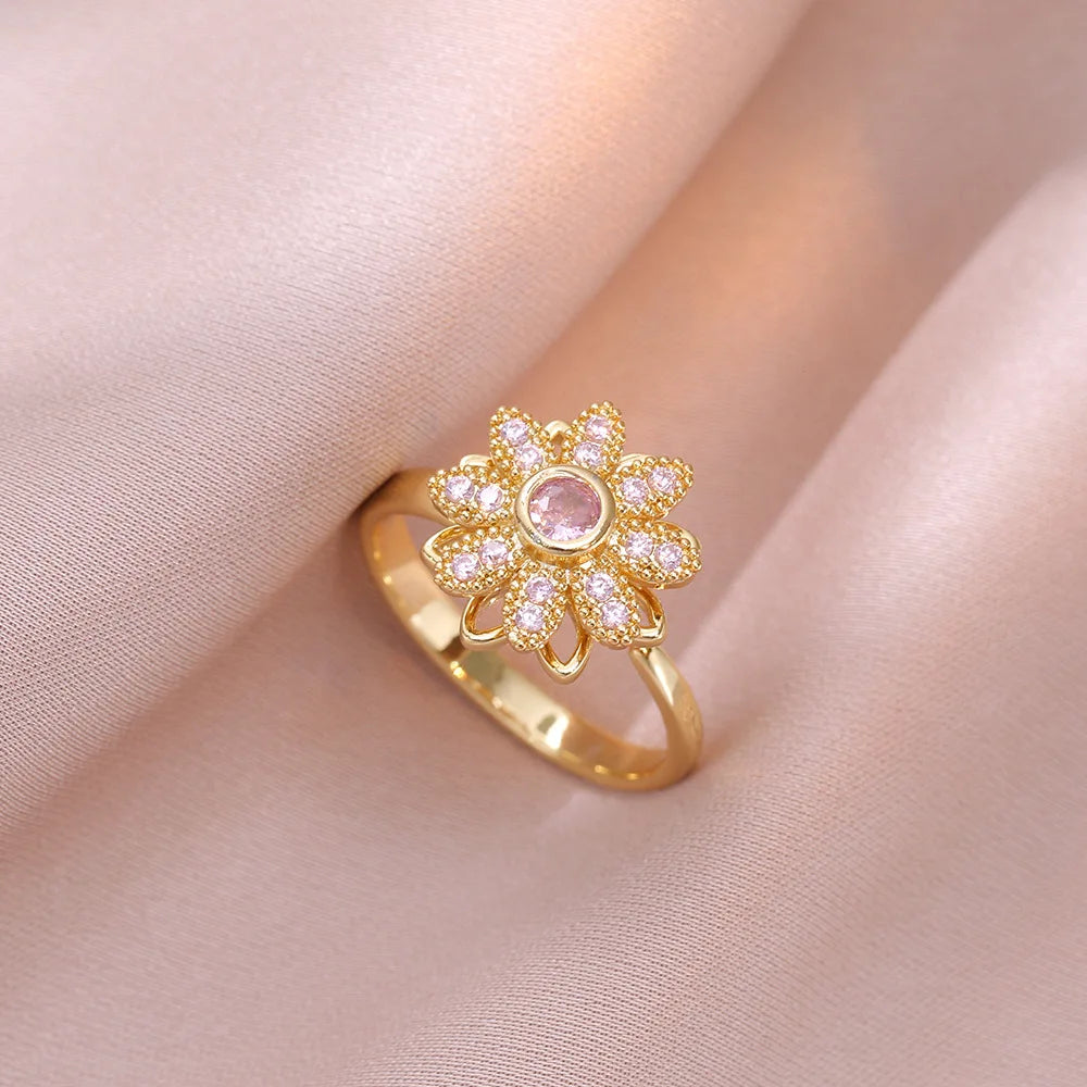 Rotatable Zircon Flower Necklace Earrings Ring Bracelet for Women Luxury Sweet Daisy Flower Jewelry Sets Accessories Gifts