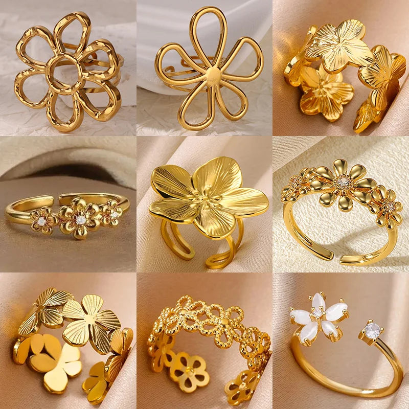 Stainless Steel Exaggerated Big Flower Rings For Women Gold Color Sunflower Finger Ring Female Fashion Aesthetic Jewelry Gift