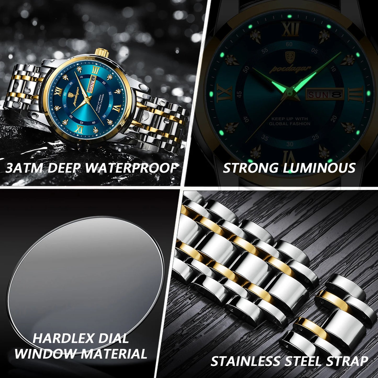 POEDAGAR Fashion Business Men's Quartz Watch Date Week Stainless Steel Man Wristwatch Waterproof Luminous Luxury Watches for Men