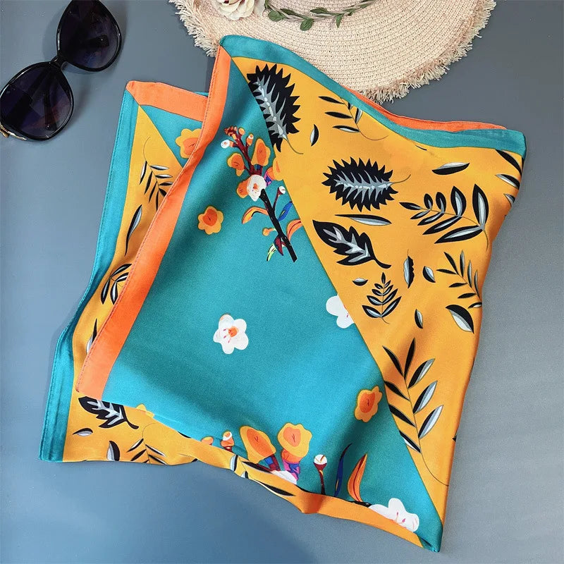 70*70cm Flower Silk Square Scarf Women Satin Shawl Wrap Hijab Female Hair Band Wrist Luxury Headkerchief Echarpe fashion Bandana