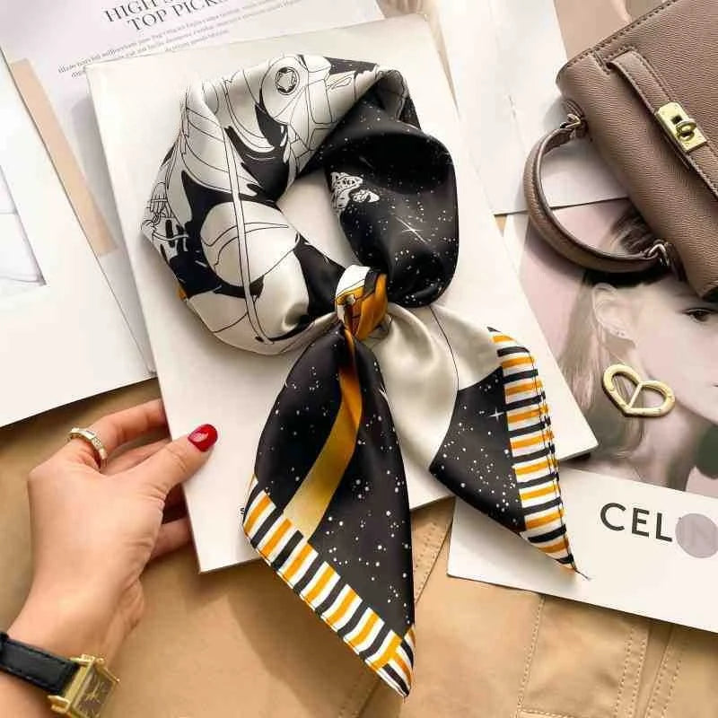 Fashion 70cm Green Print Square Silk Scarf Women Satin Neck Scarves Wrap Headkerchief Beach Hair Band Women's Bandana