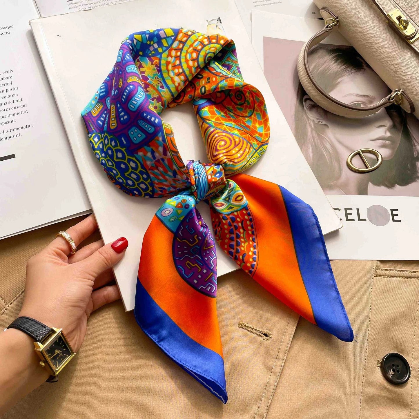 Fashion 70cm Green Print Square Silk Scarf Women Satin Neck Scarves Wrap Headkerchief Beach Hair Band Women's Bandana