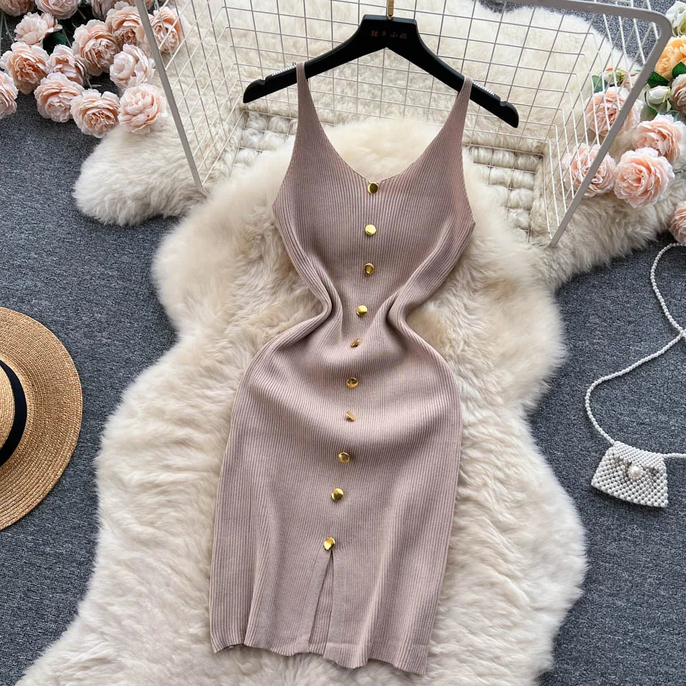 Bottons 2026 Sexy Summer Short Knit Strap Dress Women Tank Elatic Waist Bodycon Sundress Female Beach Split Backless Mini Dress