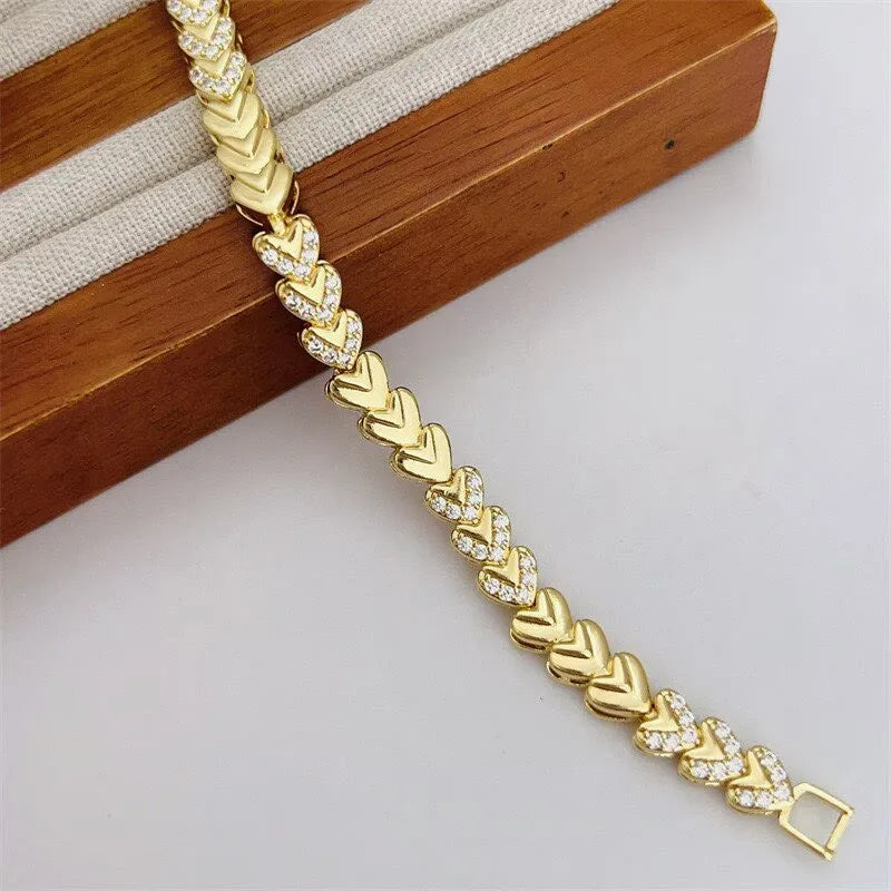 5Pcs ﻿ Fashionable Multi Style Copper Plated 18K Gold Zircon Handmade Chain Bracelet Luxury for Daily Wear, Mother's Day Gift