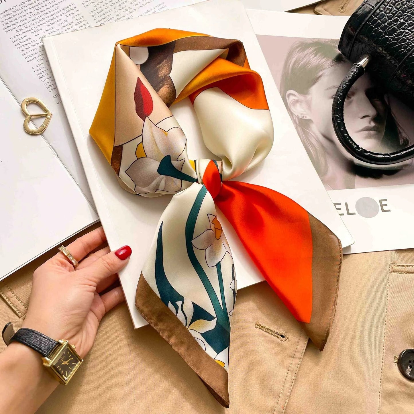 Silk Square Scarf Women Luxury Floral Print Soft Satin Kerchief Hairband Neckerchief Head Hijab Lady Headband Foulard Bag Ribbon