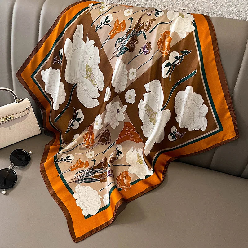 27.5" Elegant Floral Print Satin Square Scarf for Women Soft Lightweight Shawl Neck Accessory Headband Sun Protection Scarf